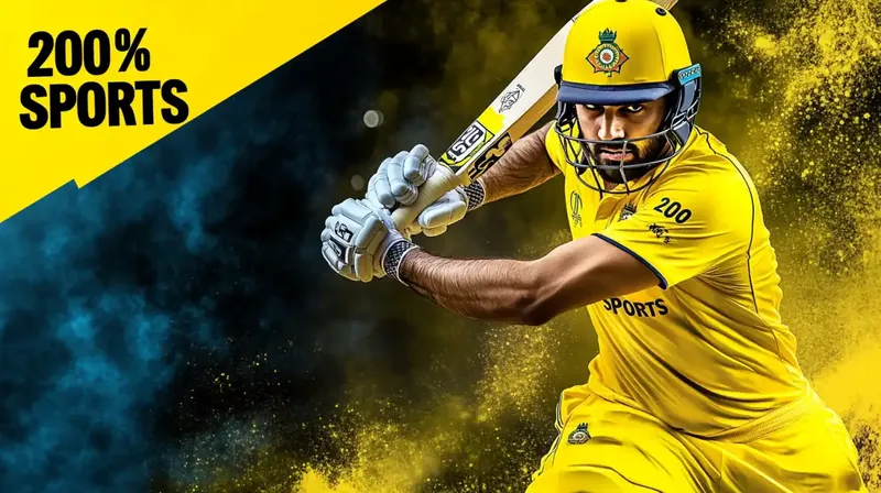 A promotional banner for a 200% sports bonus offer, featuring a cricket-themed design with vibrant colors, bonus percentage prominently displayed, and call-to-action elements encouraging new user registration.