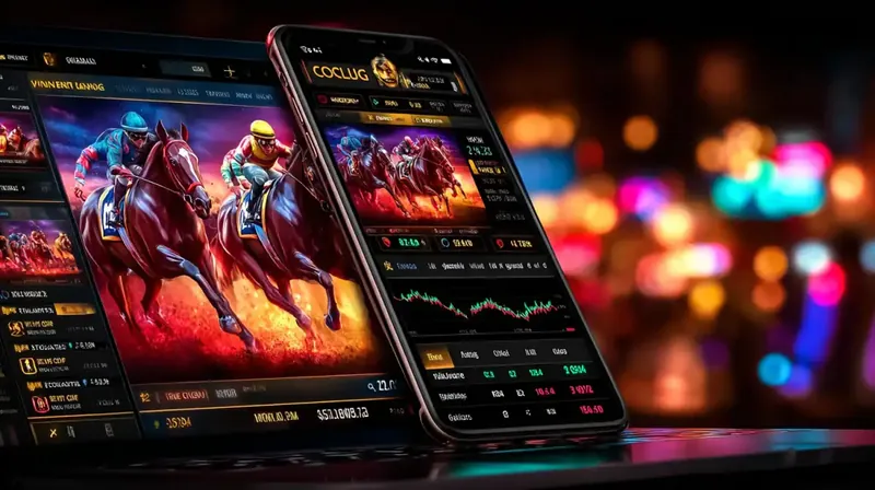 A multi-device showcase of a horse racing betting application, displaying the app interface on smartphones and tablets with race information, odds, and betting options clearly visible.