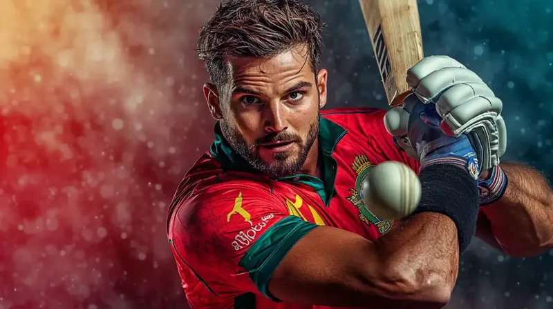 An intense action shot of a cricket batsman in mid-swing, captured during a high-stakes match with dramatic lighting and motion blur, showcasing the excitement and skill of professional cricket.