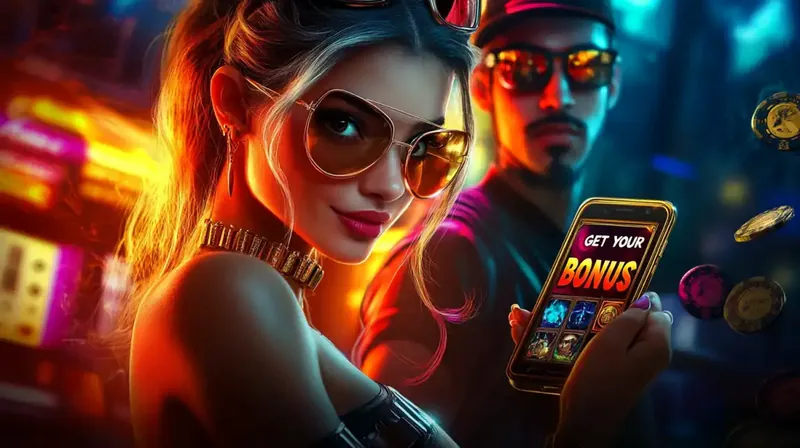 A promotional banner for mobile casino bonuses, featuring a smartphone displaying the casino app interface with bonus offers, coins, and jackpot symbols, designed to attract new mobile users.