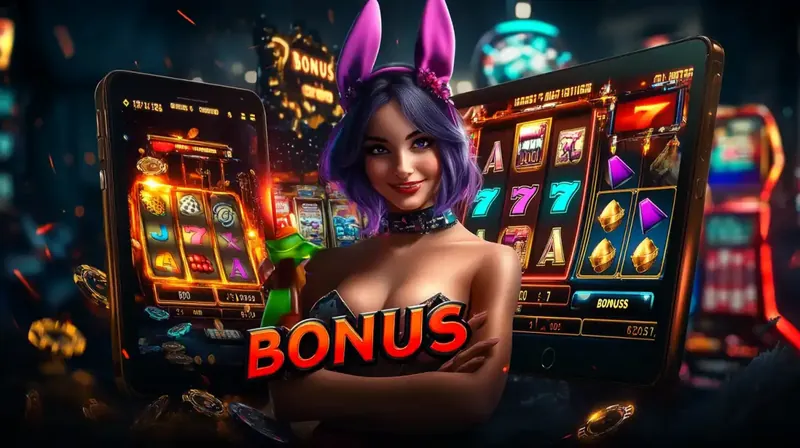 An attractive promotional banner featuring a bunny girl character in casino attire, surrounded by golden coins and bonus symbols, designed to promote online casino bonus offers and attract new players.
