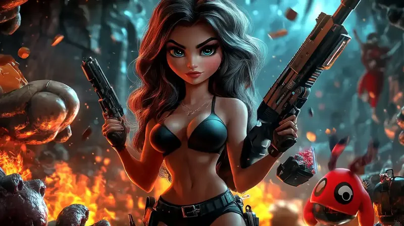 A dynamic action game featuring a fierce female character in tactical gear, wielding powerful weapons, set against a futuristic battlefield with explosive effects and intense combat atmosphere.
