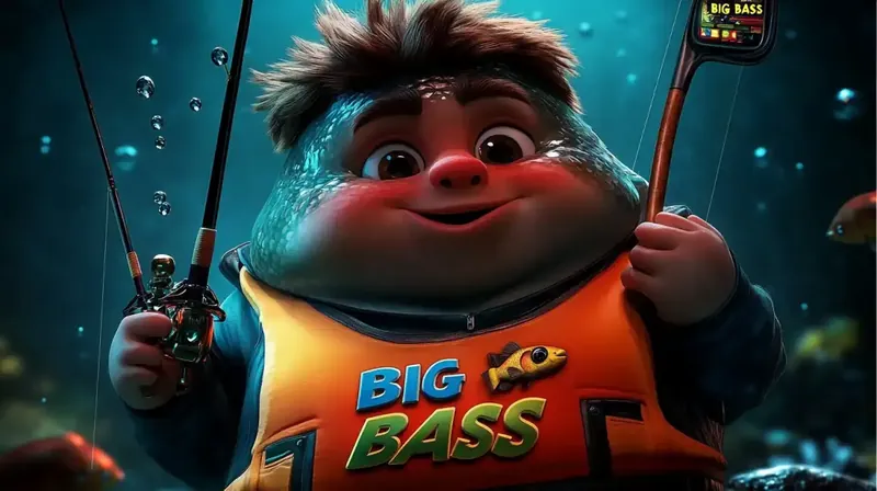 A vibrant 3D character from the Big Bass slot game, featuring a cheerful fisherman with detailed animations and colorful underwater theme, surrounded by sparkling coins and fishing elements.