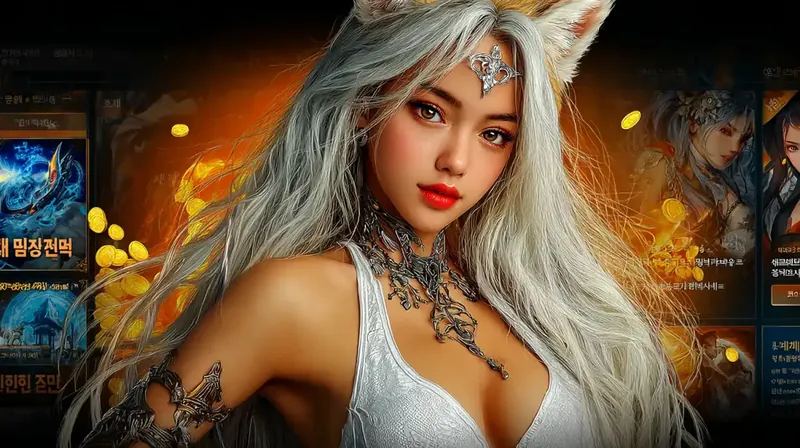 Promotional art for tk1971 featuring a stunning fantasy character, a fox-like woman with long white hair and a tiara, against a game interface background with gold coins, showcasing the platform's immersive games.