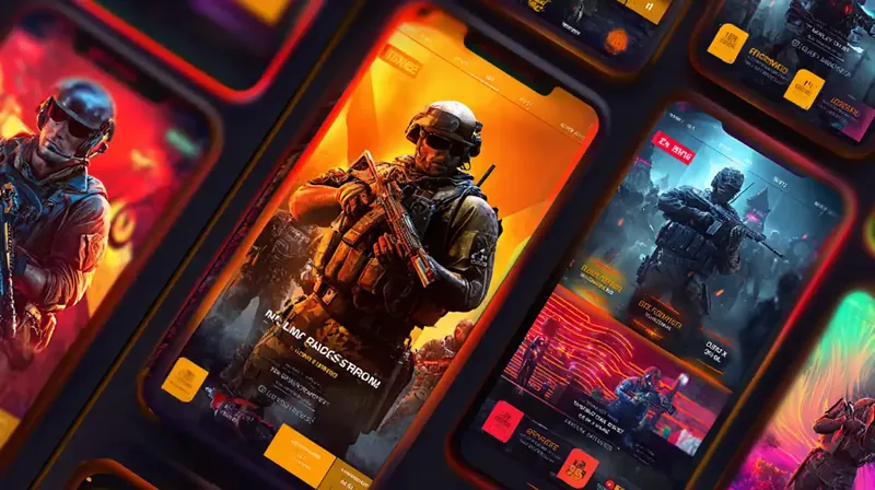 A showcase of the tk1971 mobile gaming app, with multiple smartphones displaying the intense interface of a futuristic military shooter game featuring soldiers in tactical gear.