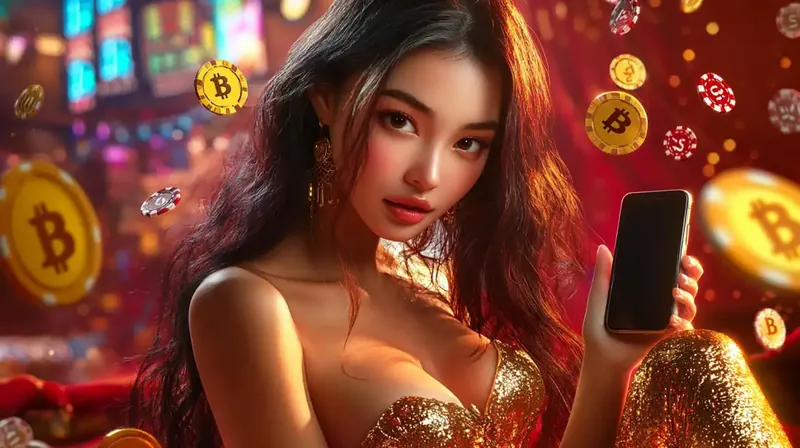 A sophisticated promotional image for mobile crypto casino featuring an elegant model with cryptocurrency elements, mobile app interface, and modern casino technology, highlighting the integration of crypto payments and mobile gaming.