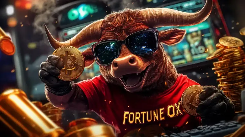 A vibrant promotional image of the Fortune Ox slot game featuring a golden ox symbol surrounded by traditional Chinese fortune elements, red lanterns, and floating Bitcoin symbols, representing prosperity and cryptocurrency rewards.