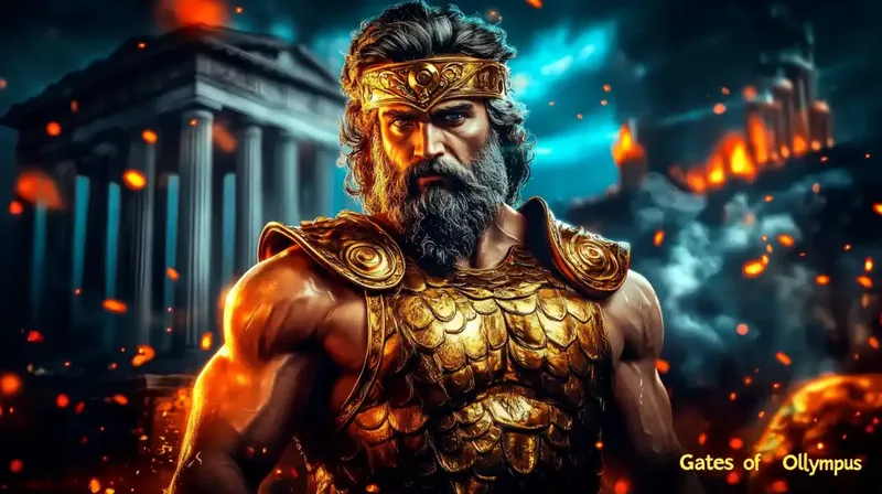 A majestic promotional image of the Gates of Olympus slot game featuring Zeus, the king of gods, with golden lightning bolts, ancient Greek columns, and divine symbols, showcasing the game's epic theme and high multiplier potential.